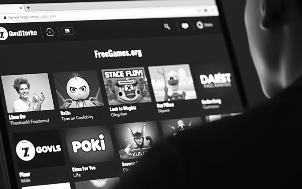 Web browser showing a grid of free game titles and genre categories ready to play