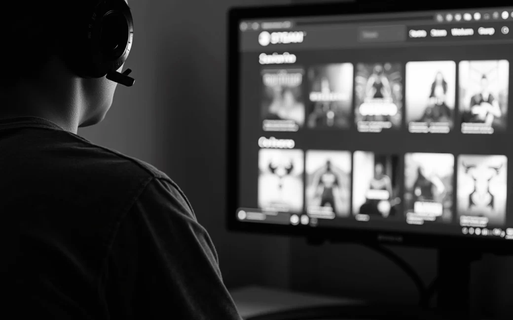 PC gamer at desk with gaming setup and monitor showing game library