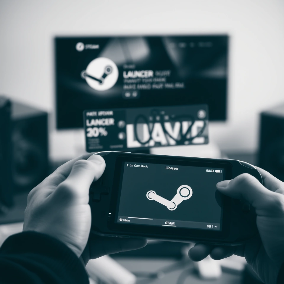 Hands holding a Steam Deck handheld with its operating system and game library visible on the screen.
