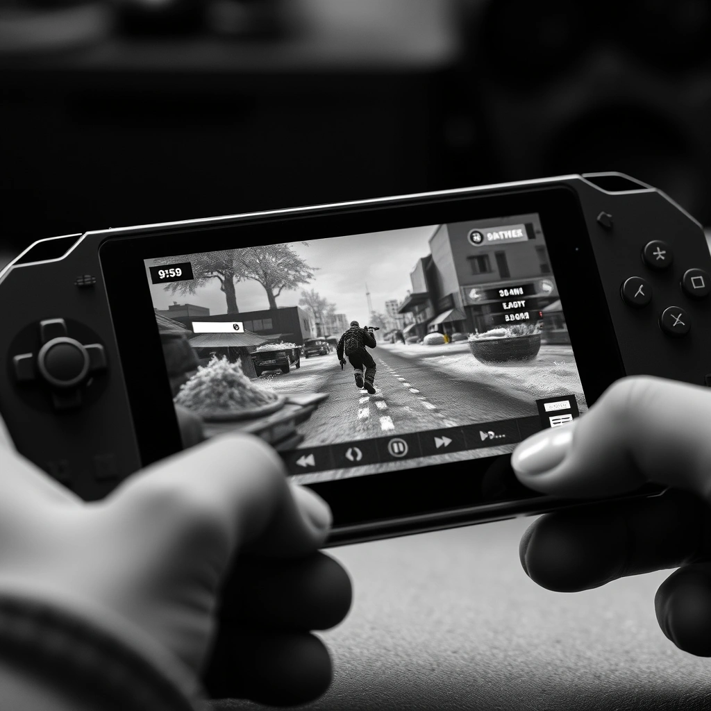 A handheld gaming PC displaying a game with visible performance problems and unstable visuals.