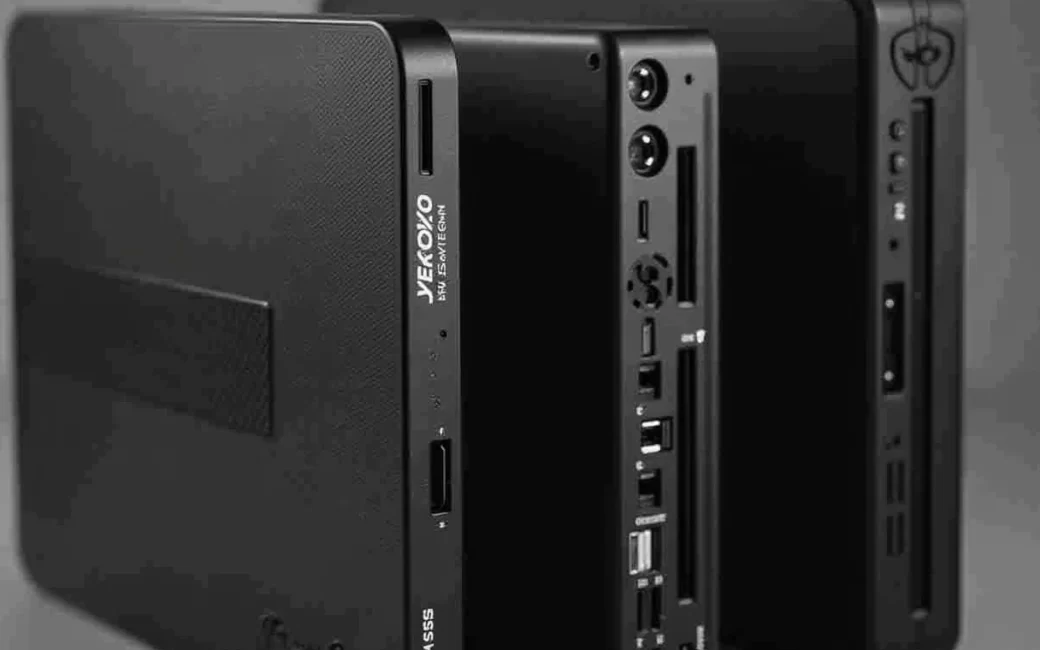 Four PC gaming handhelds displayed side by side, showing varying screen sizes and controller layouts.