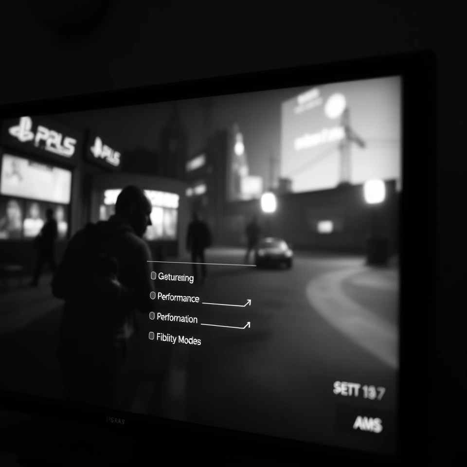 PS5 game with visible performance issues, graphics menu visible for mode adjustment.