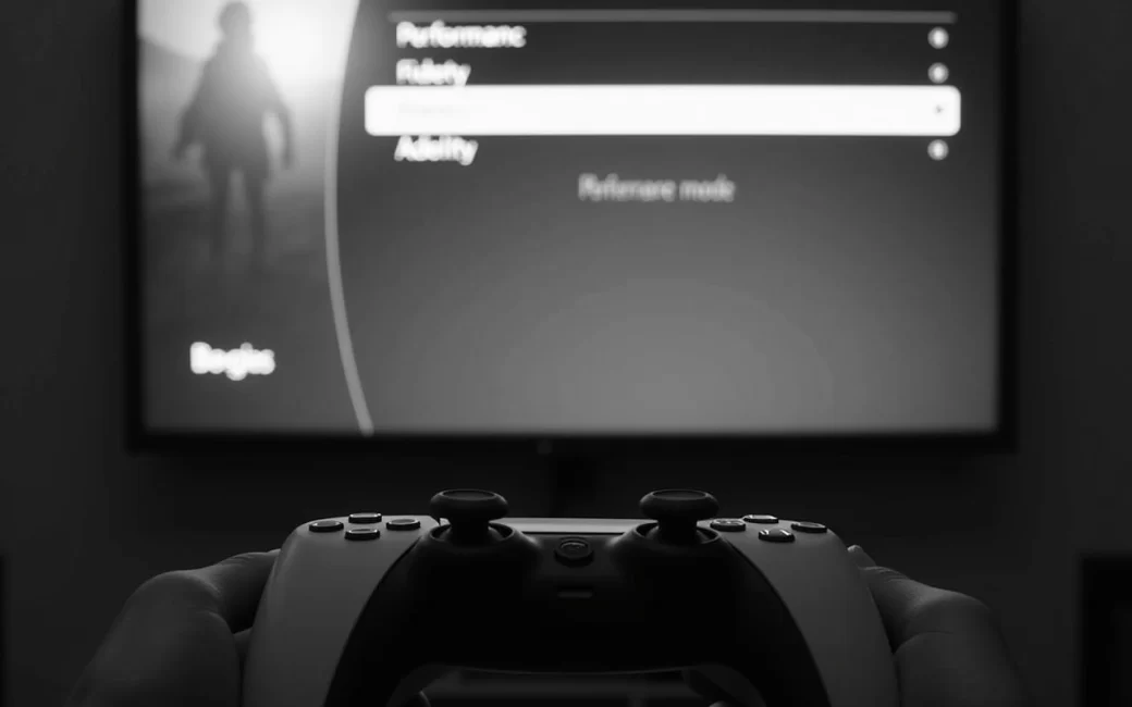 PS5 controller with game graphics menu visible on TV screen showing display mode settings.