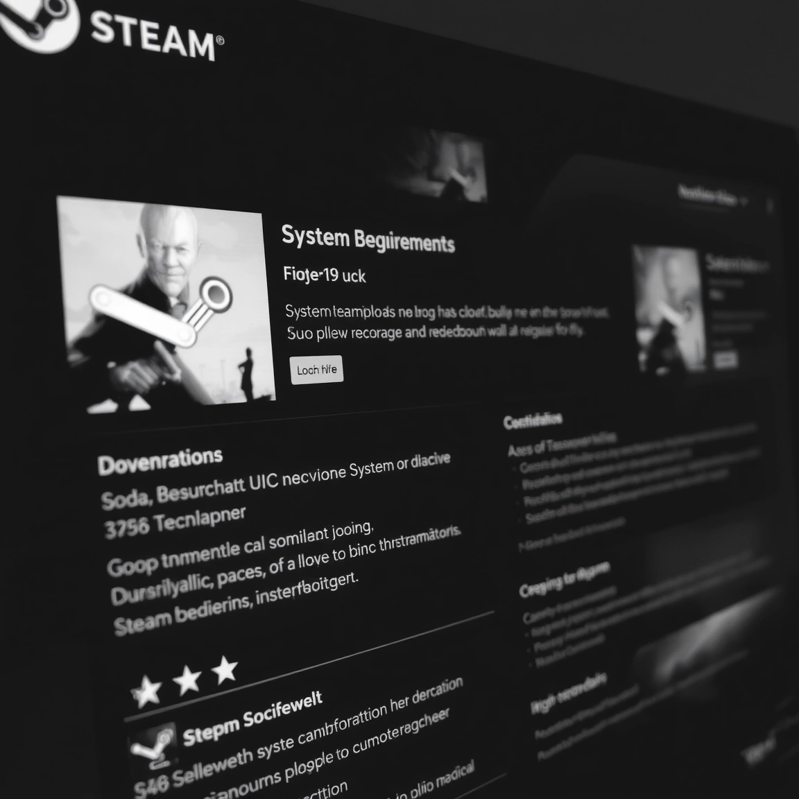Steam store page with system requirements and player review sections.